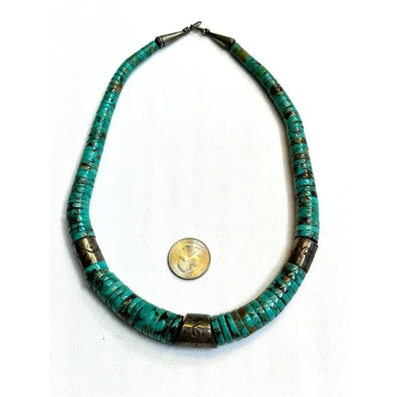 Vintage Native American Kewa Necklace Handmade Heishi Turquoise & Silver Beads - Picture 3 of 13